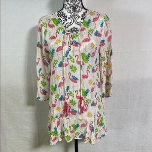 Mud Pie Pink and White Flamingo 3/4 Sleeve Swim Coverup Small Good Condition
